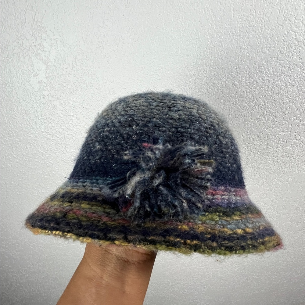 Vintage Four Buttons Blue and Multicolor Wool Blend Bucket Hat Pom Pom accent - Picture 8 of 8